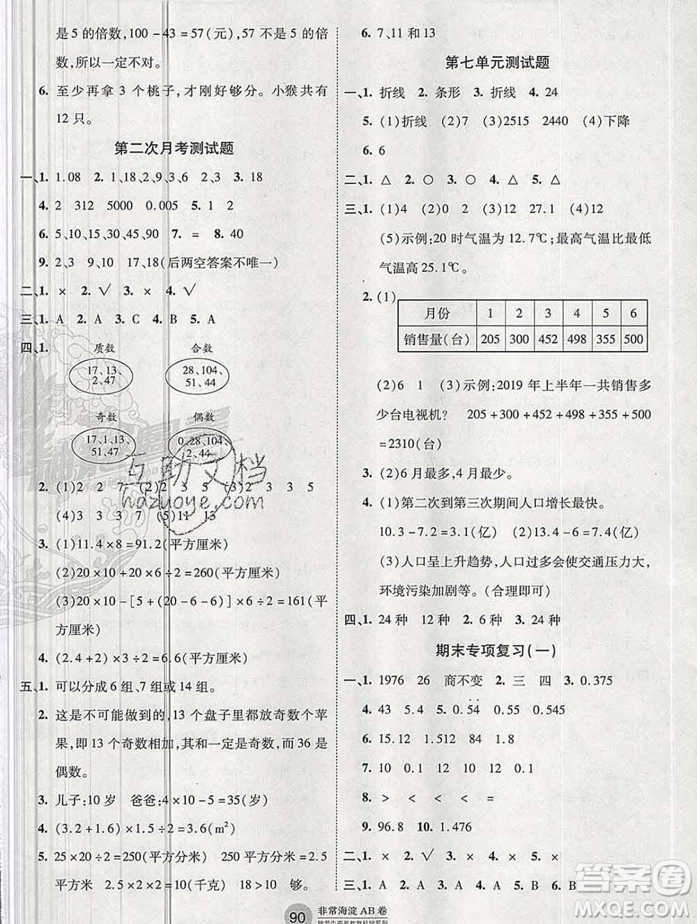 2019秋非常海淀單元測試AB卷五年級數學上冊青島版答案