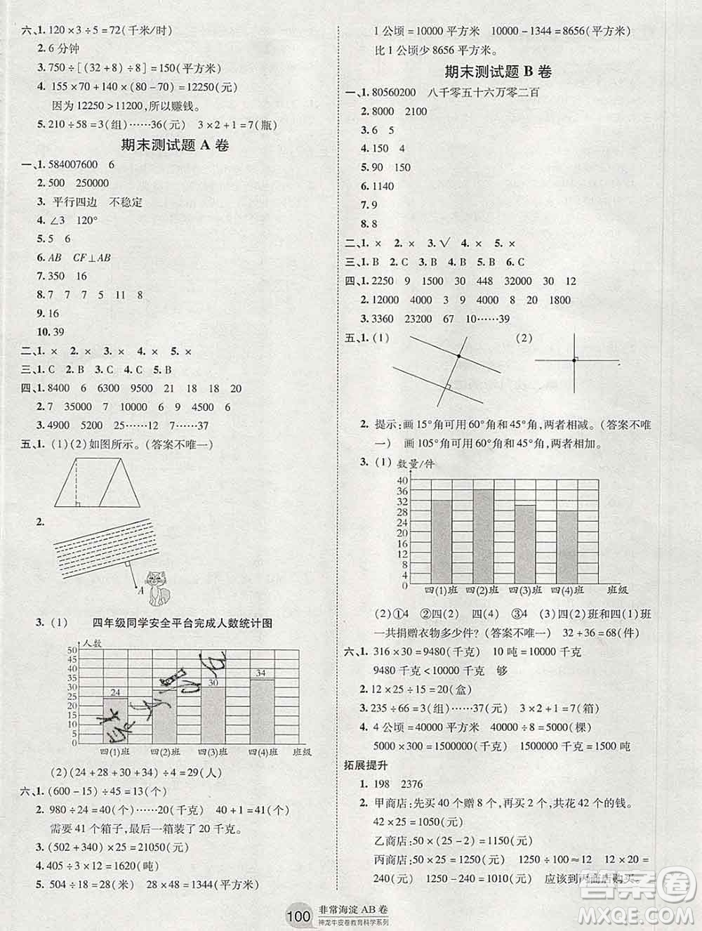 2019秋非常海淀單元測試AB卷四年級數(shù)學(xué)上冊人教版答案