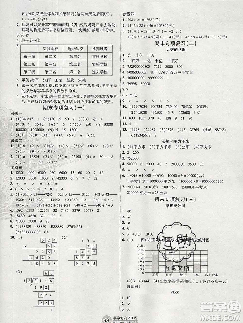 2019秋非常海淀單元測試AB卷四年級數(shù)學(xué)上冊人教版答案