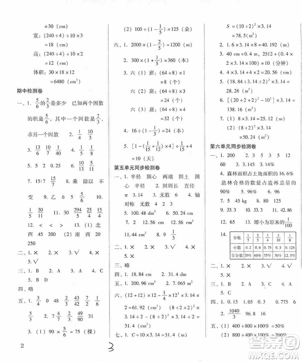 2019云南師大附小密卷六年級上冊數(shù)學(xué)答案