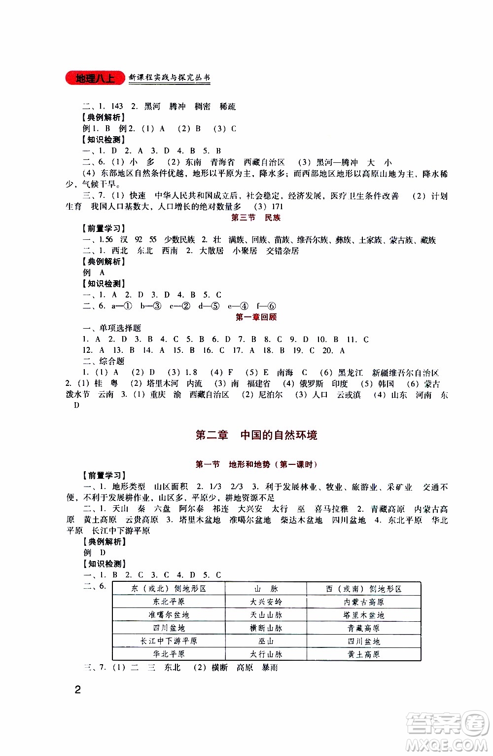 2019年新課程實(shí)踐與探究叢書地理八年級上冊人教版參考答案