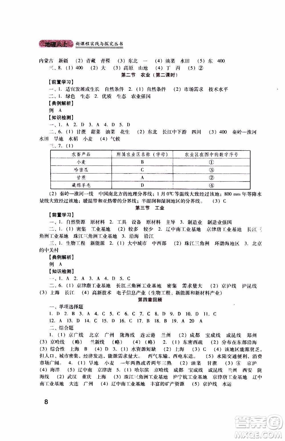 2019年新課程實(shí)踐與探究叢書地理八年級上冊人教版參考答案