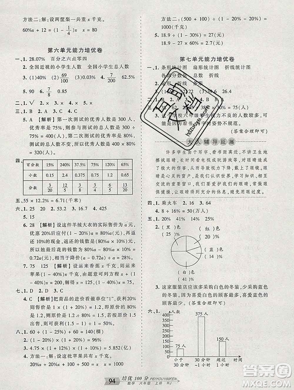 2019秋人教版王朝霞培優(yōu)100分六年級數(shù)學(xué)上冊答案