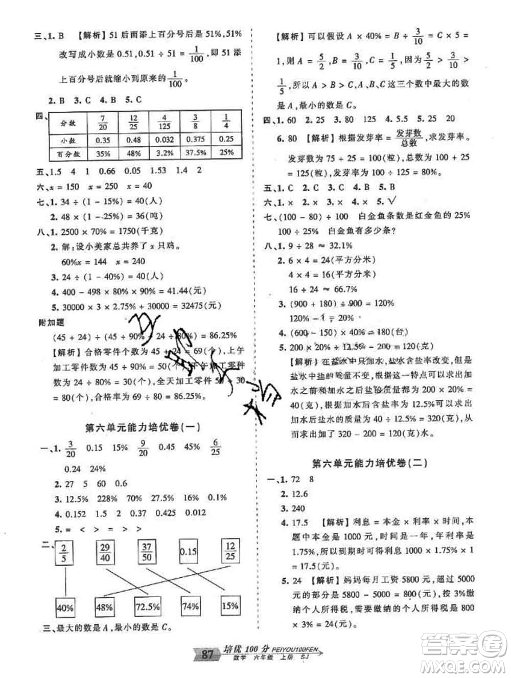 2019秋蘇教版王朝霞培優(yōu)100分六年級數(shù)學(xué)上冊答案