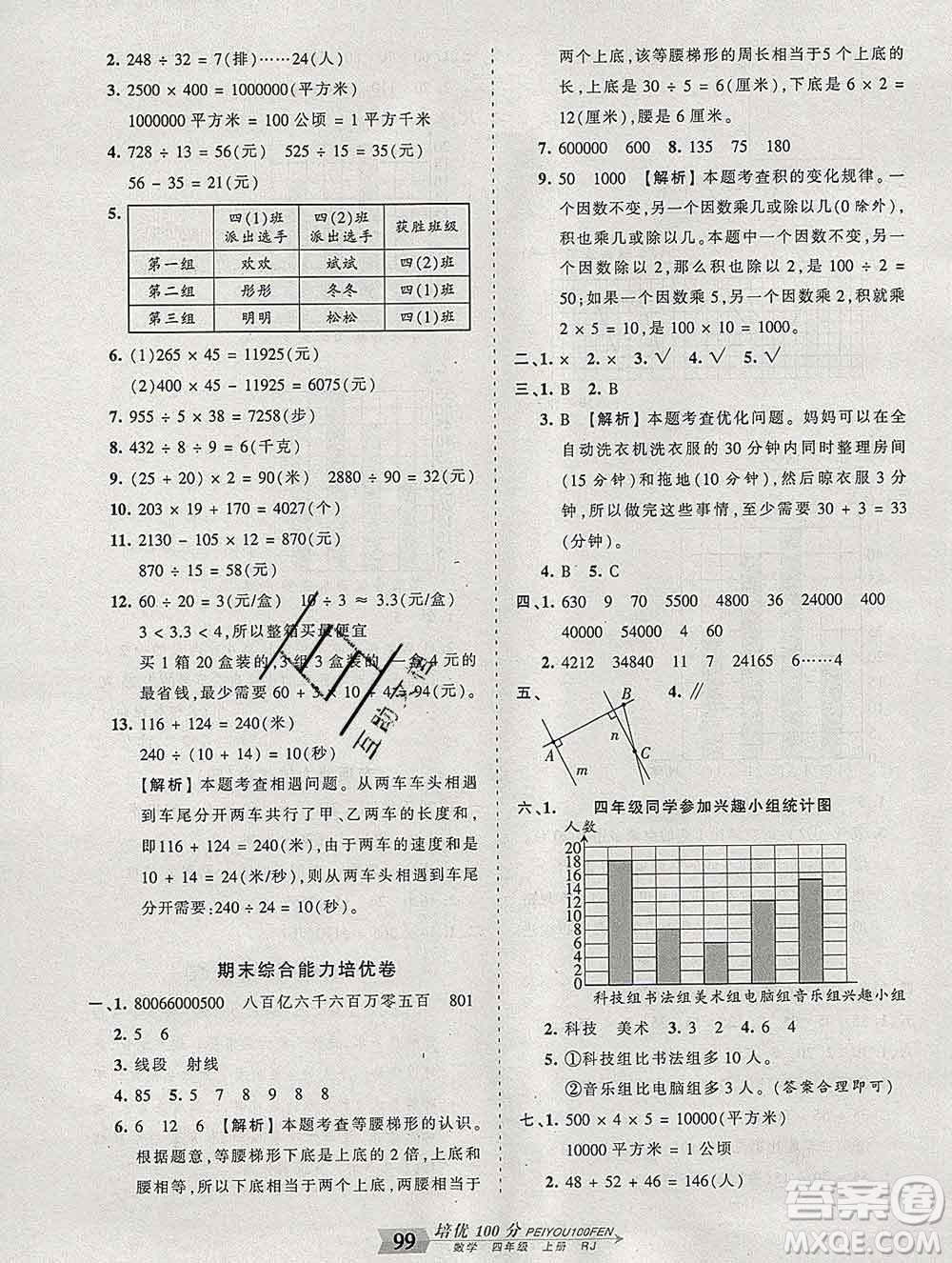 2019秋人教版王朝霞培優(yōu)100分四年級數(shù)學(xué)上冊答案