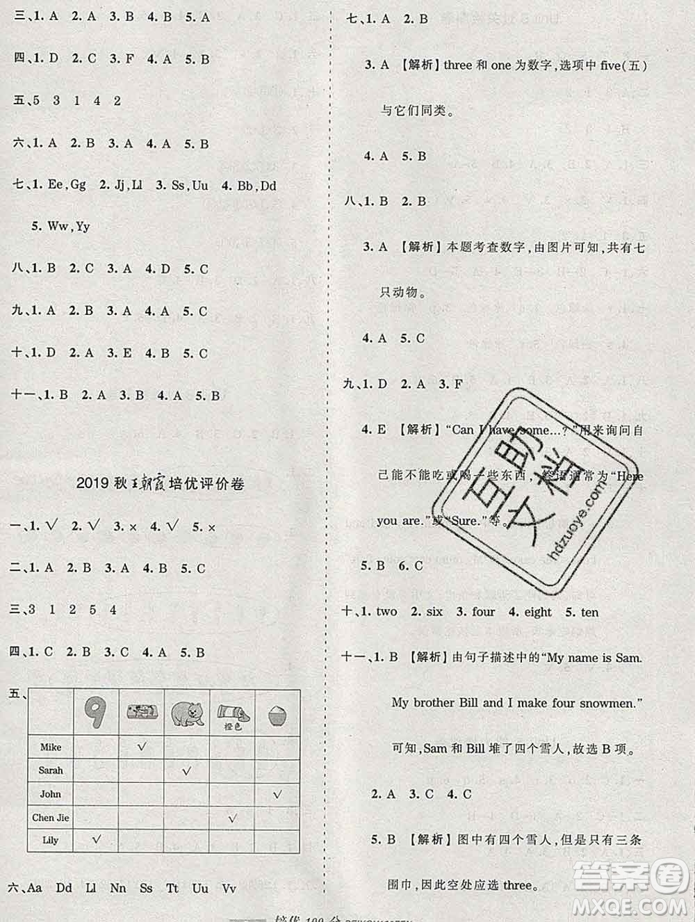 2019秋人教版王朝霞培優(yōu)100分三年級(jí)英語上冊(cè)答案