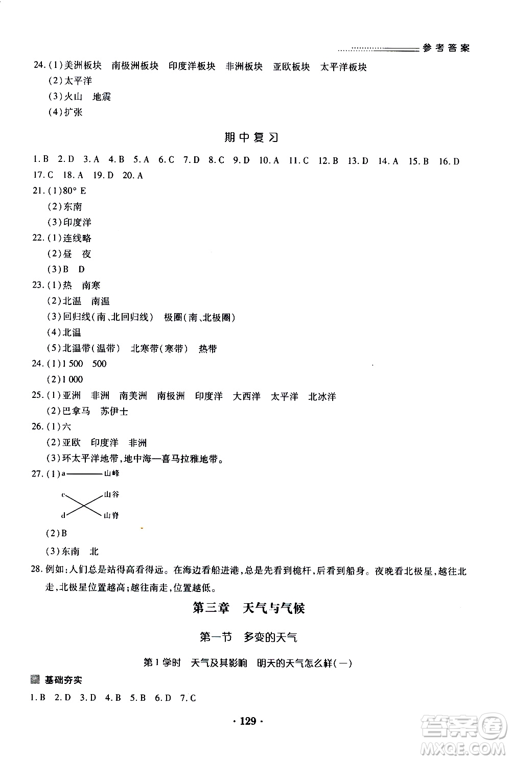 2019年一課一練創(chuàng)新練習(xí)地理七年級(jí)上冊(cè)人教版參考答案