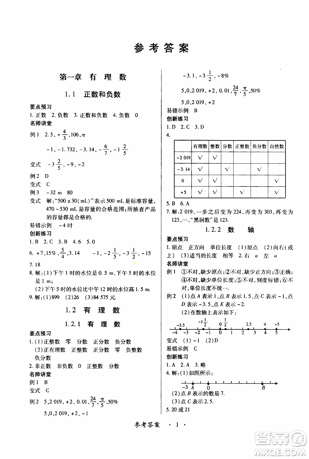 2019年一課一練創(chuàng)新練習(xí)數(shù)學(xué)七年級上冊人教版參考答案