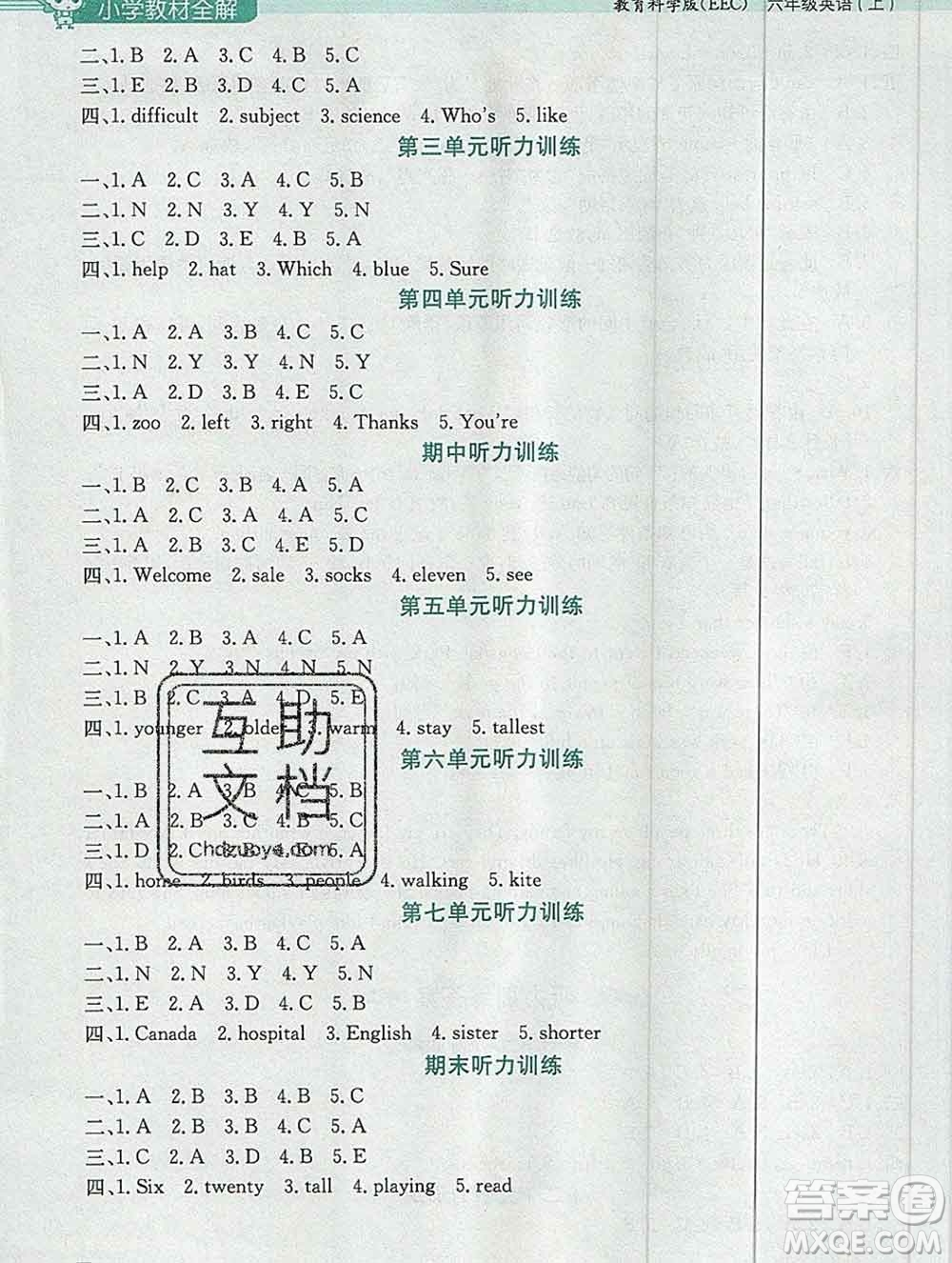 陜西人民教育出版社2019秋小學(xué)教材全解六年級(jí)英語(yǔ)上冊(cè)教科eec版三起答案