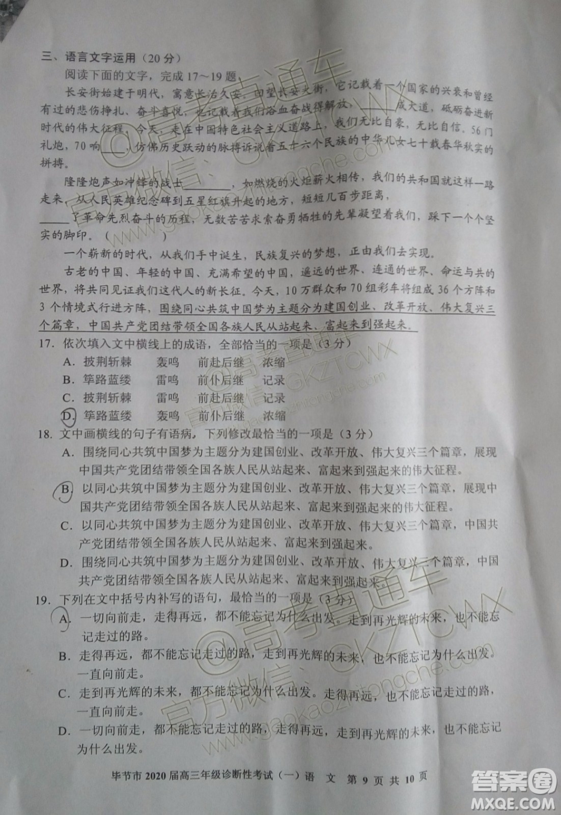 畢節(jié)市2020屆高三年級(jí)診斷性考試一語文試題及答案