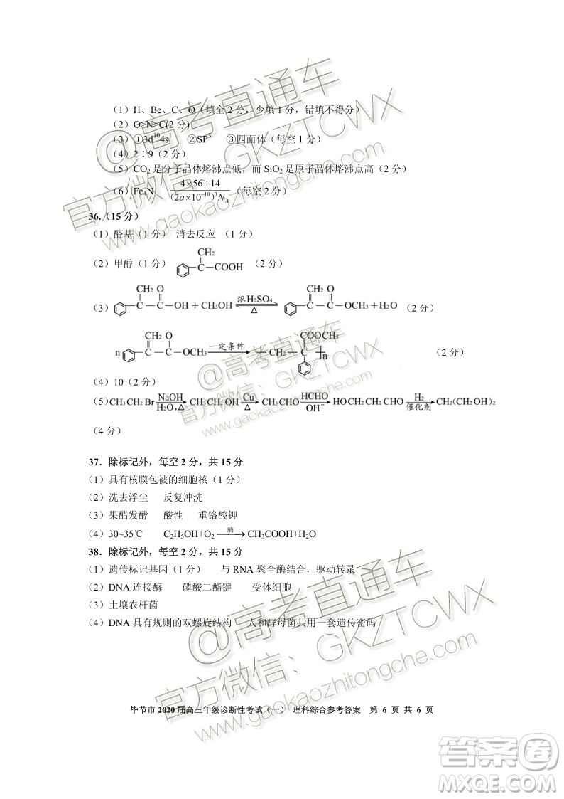 畢節(jié)市2020屆高三年級診斷性考試一理科綜合試題及答案