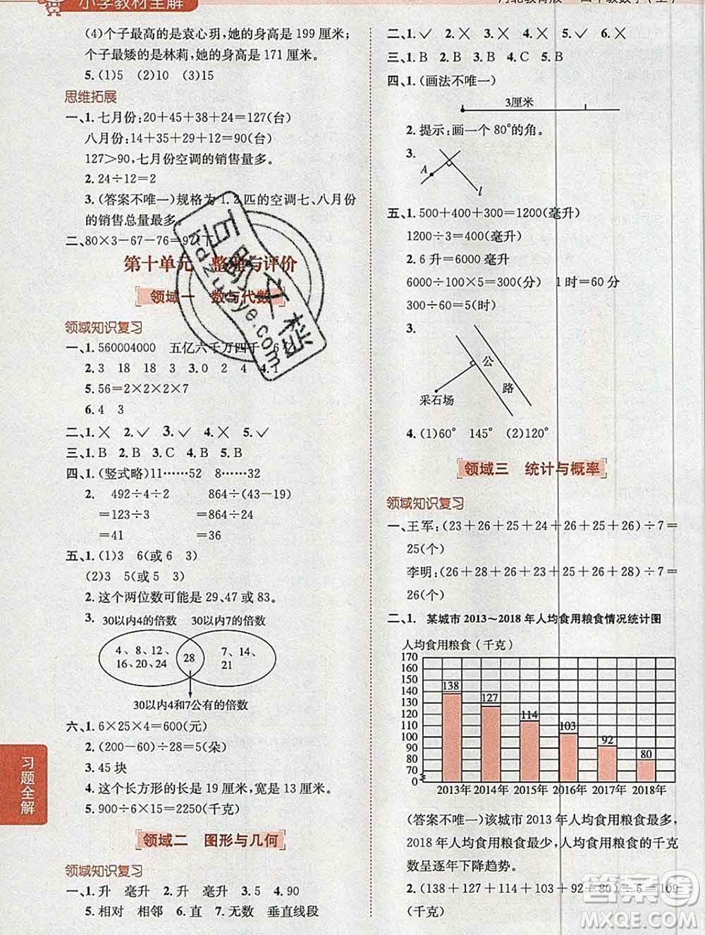 陜西人民教育出版社2019秋小學(xué)教材全解四年級(jí)數(shù)學(xué)上冊冀教版答案