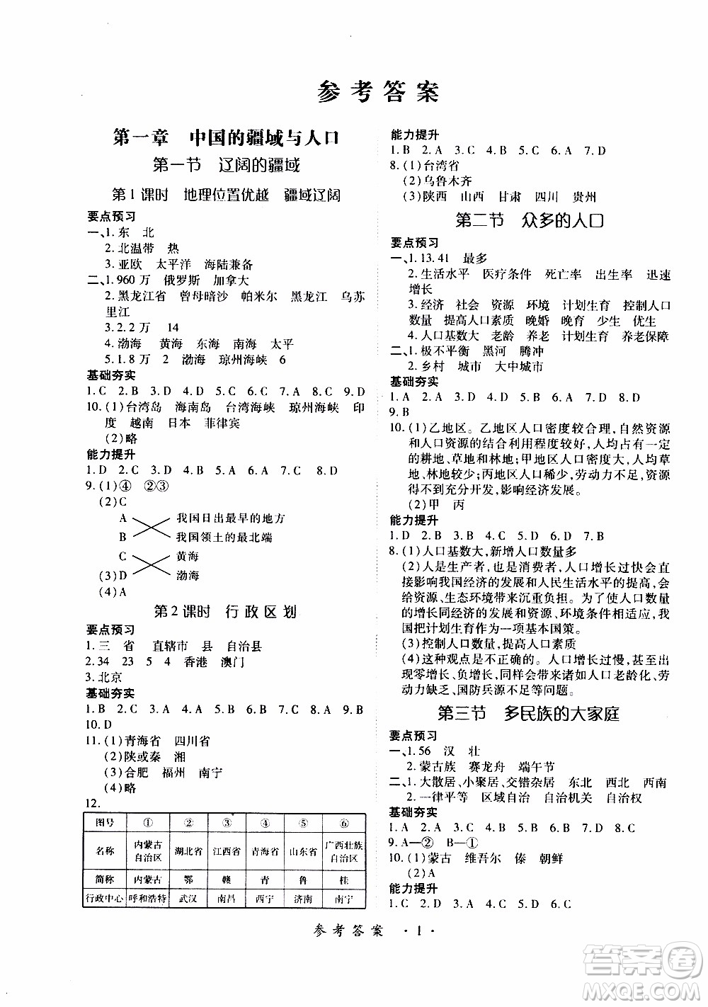 領(lǐng)航新課標(biāo)2019年一課一練創(chuàng)新練習(xí)八年級(jí)上冊(cè)地理商務(wù)星球版參考答案