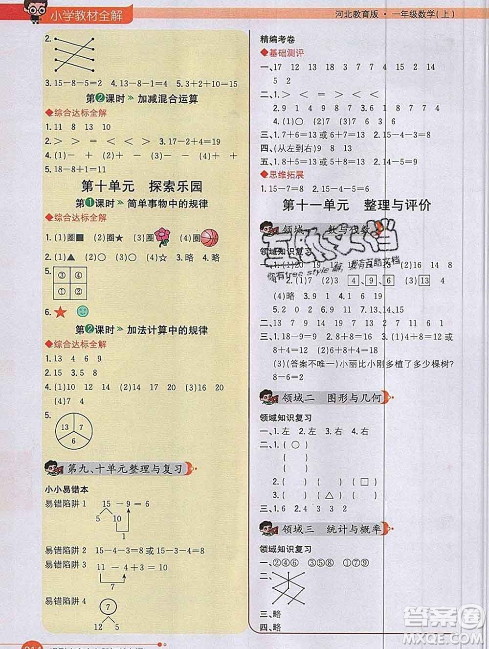 陜西人民教育出版社2019秋小學(xué)教材全解一年級數(shù)學(xué)上冊冀教版答案