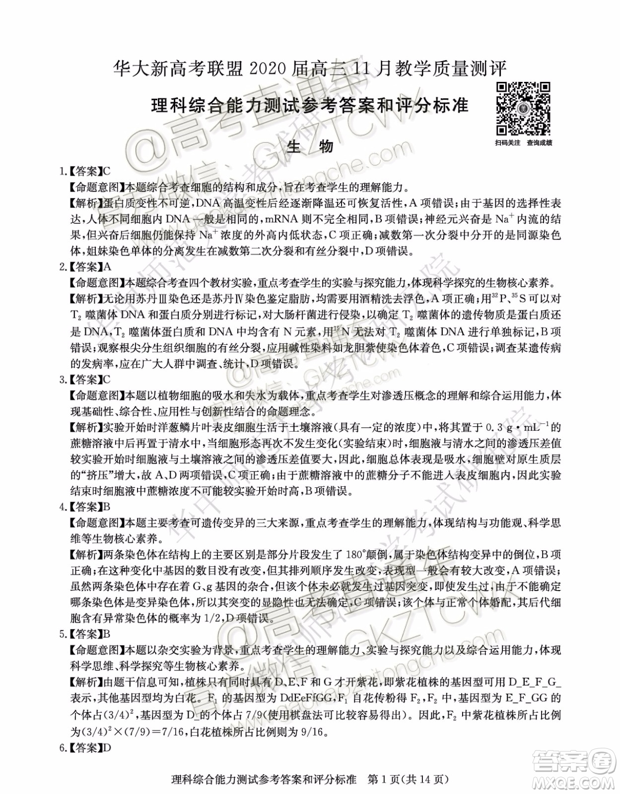 華大新高考聯(lián)盟2020屆高三11月教學(xué)質(zhì)量測評理科綜合試題及答案