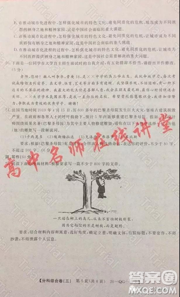 2020年普通高校招生全國統(tǒng)一考試分科綜合卷三語文試題及答案