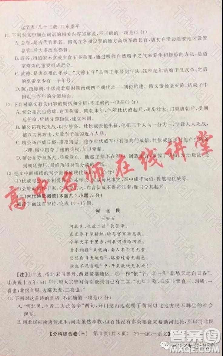 2020年普通高校招生全國統(tǒng)一考試分科綜合卷三語文試題及答案