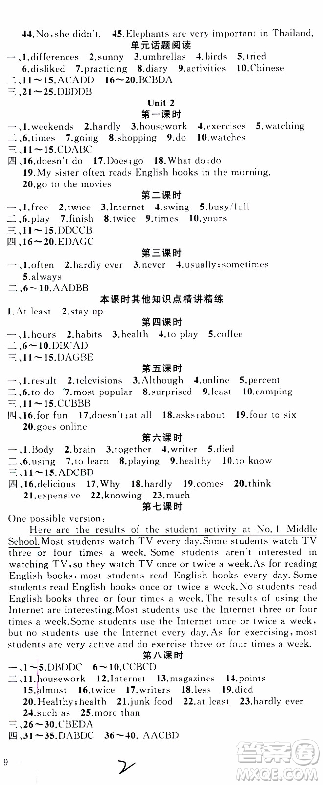 2019年黃岡金牌之路練闖考英語(yǔ)八年級(jí)上冊(cè)人教版參考答案