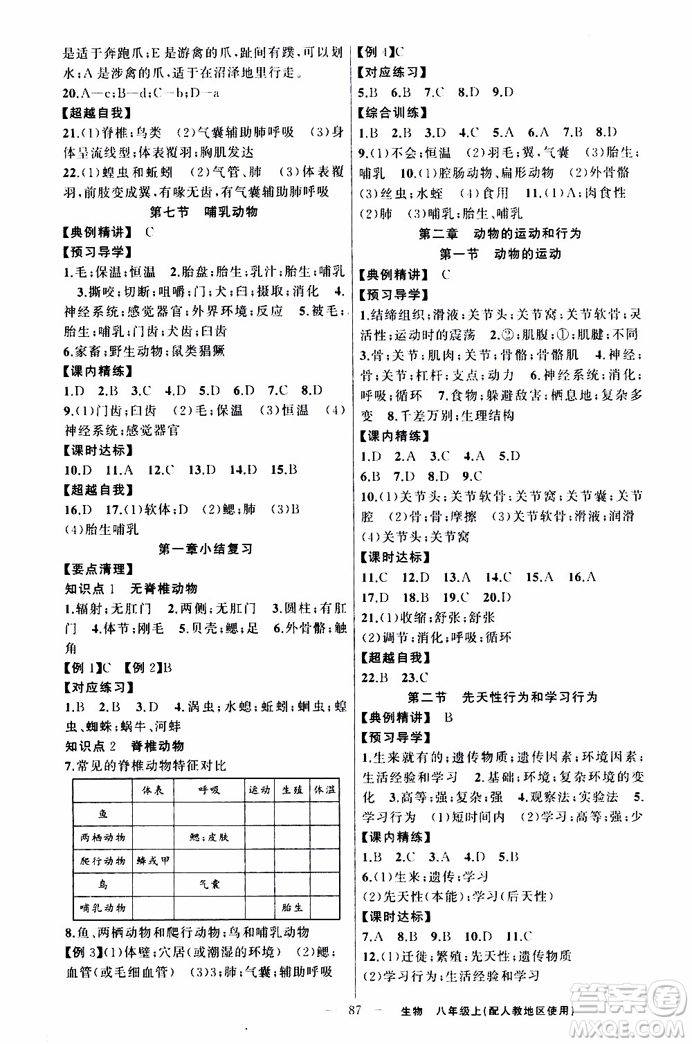 2019年黃岡金牌之路練闖考生物八年級上冊人教版參考答案