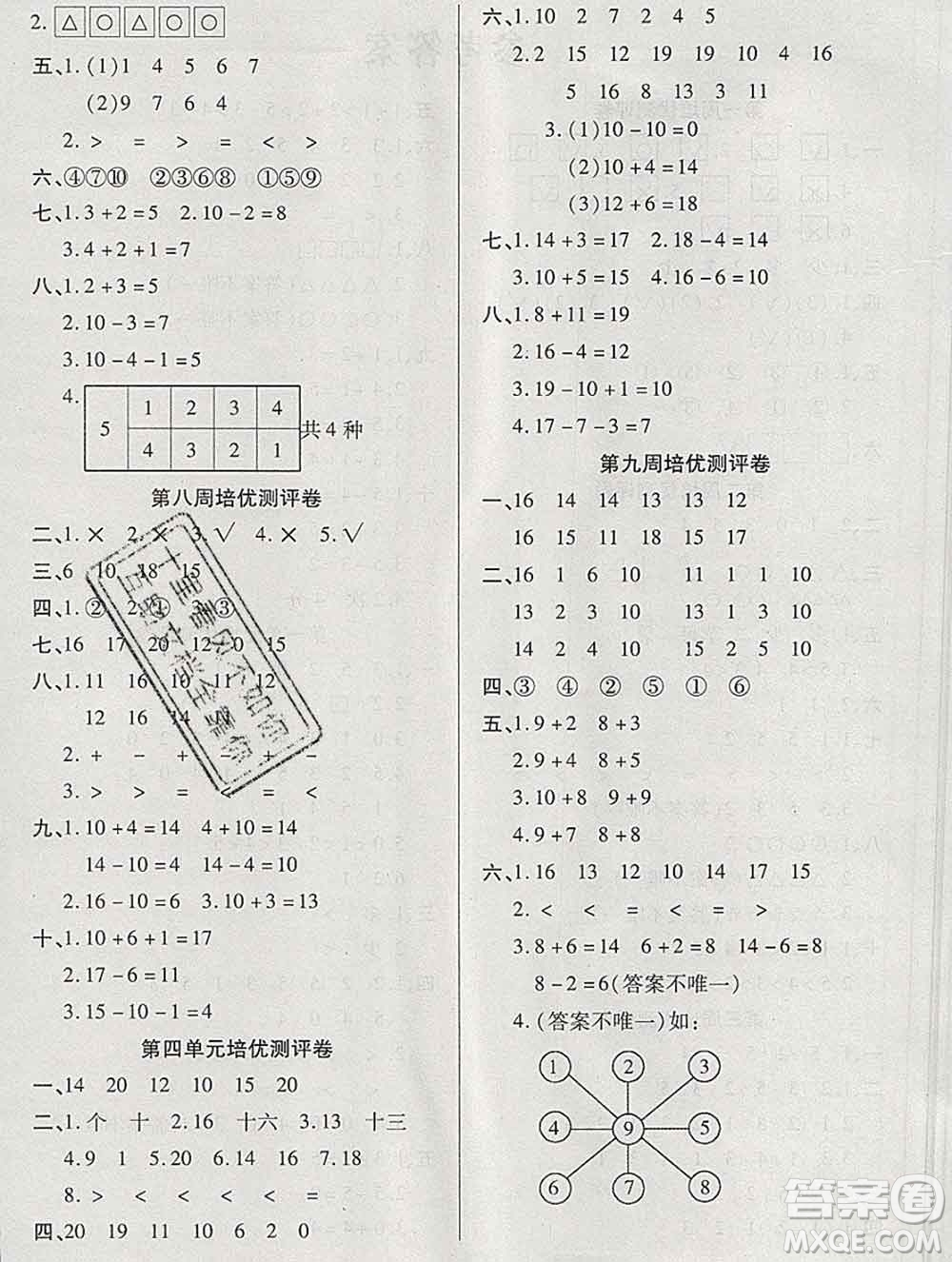 武漢大學出版社2019秋新版培優(yōu)名卷全能卷一年級數(shù)學西師版C版答案