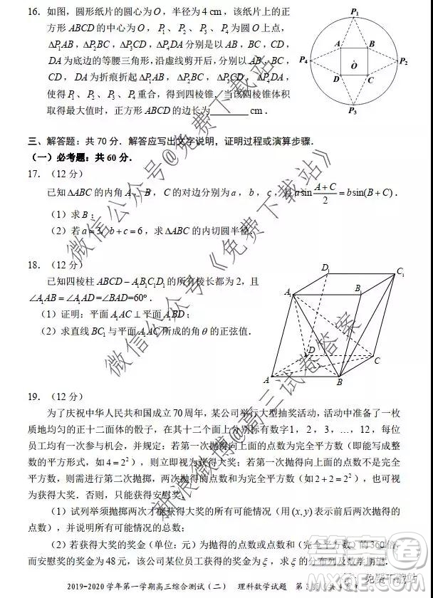 湖北省武漢市2019-2020學年第一學期高三綜合測試二理科數(shù)學試題及答案