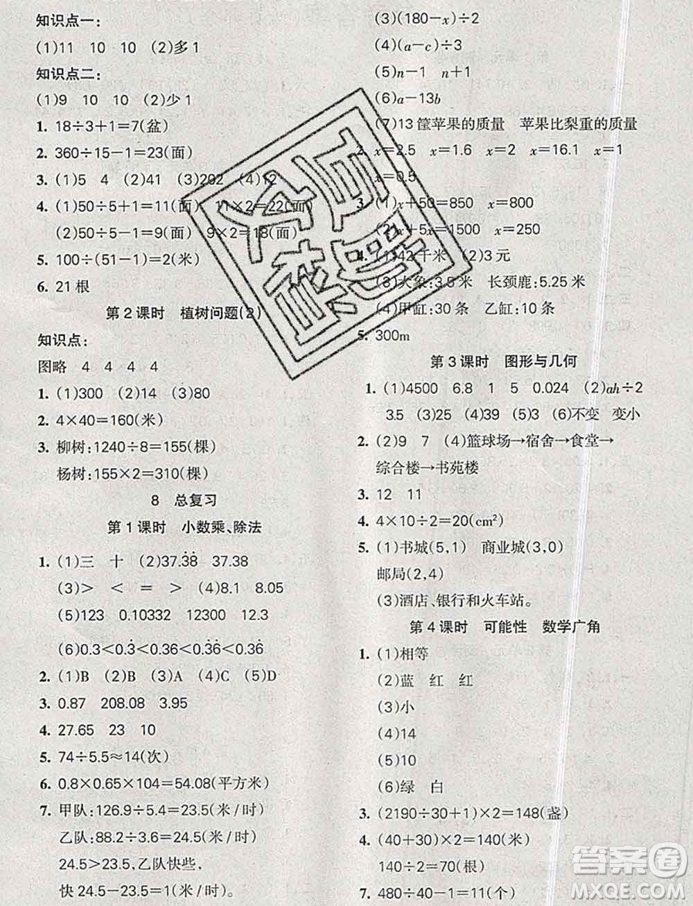 2019秋整合集訓(xùn)隨堂檢測天天練五年級(jí)數(shù)學(xué)上冊(cè)人教版答案