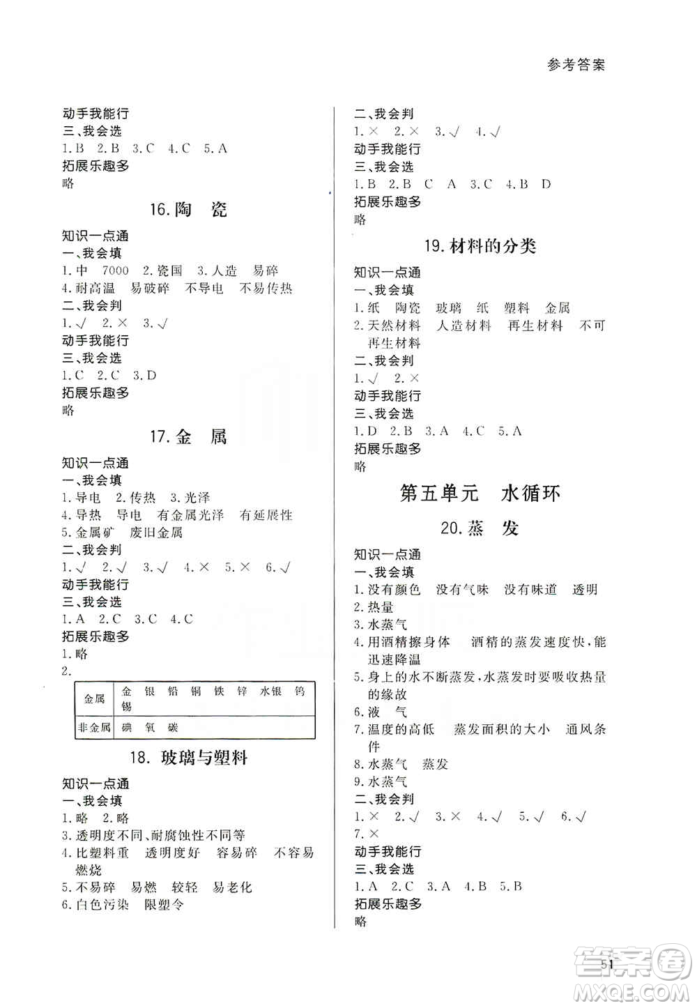 山東人民出版社2019小學(xué)配套練習(xí)冊六三制五年級上冊科學(xué)答案