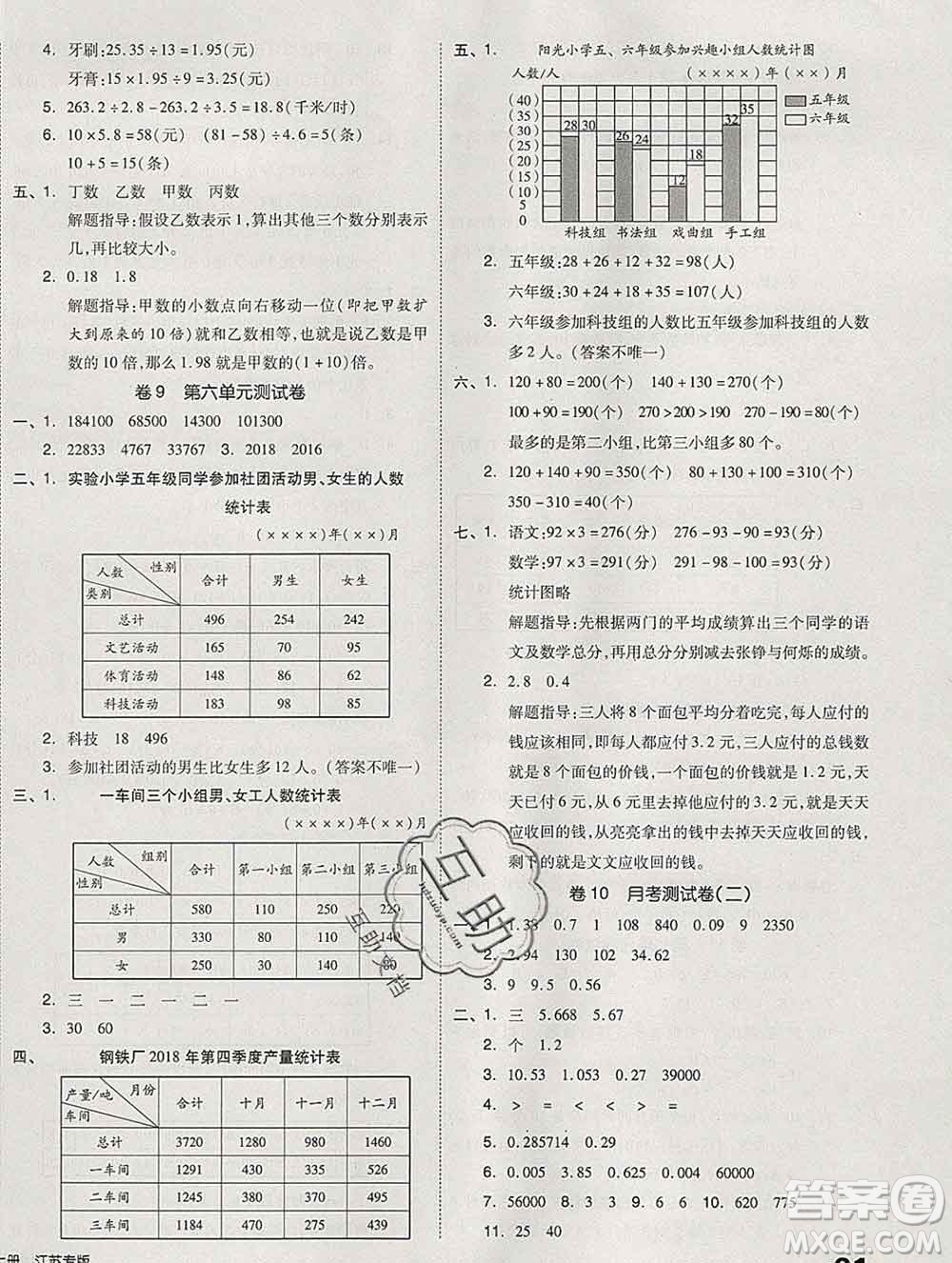 天津人民出版社2019秋新版同步跟蹤期末沖刺五年級數(shù)學(xué)上冊蘇教版答案