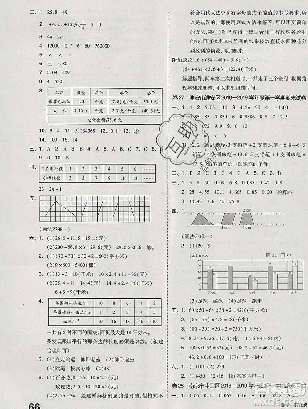 天津人民出版社2019秋新版同步跟蹤期末沖刺五年級數(shù)學(xué)上冊蘇教版答案