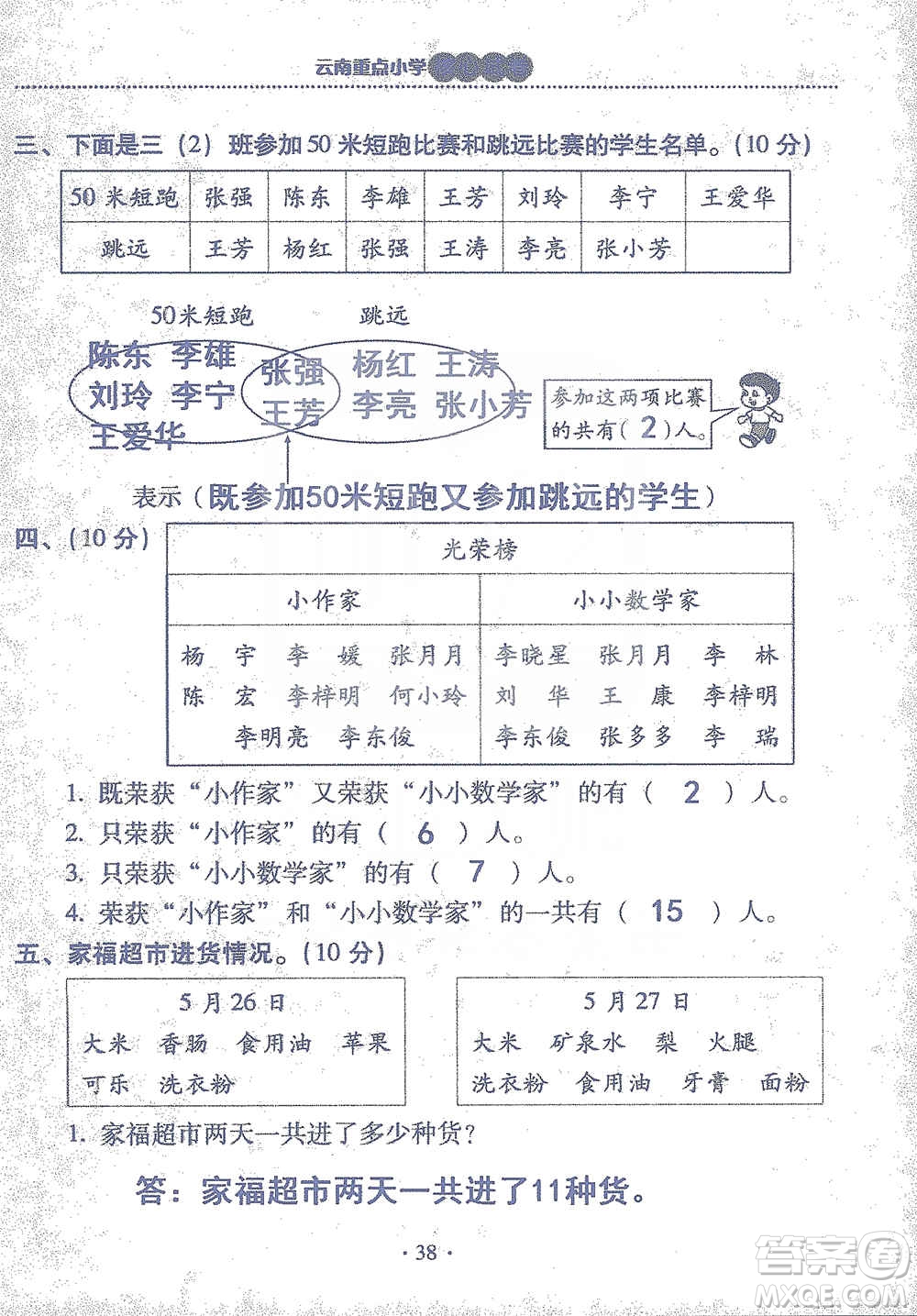 2019云南重點小學核心試卷三年級上冊數(shù)學人教版答案