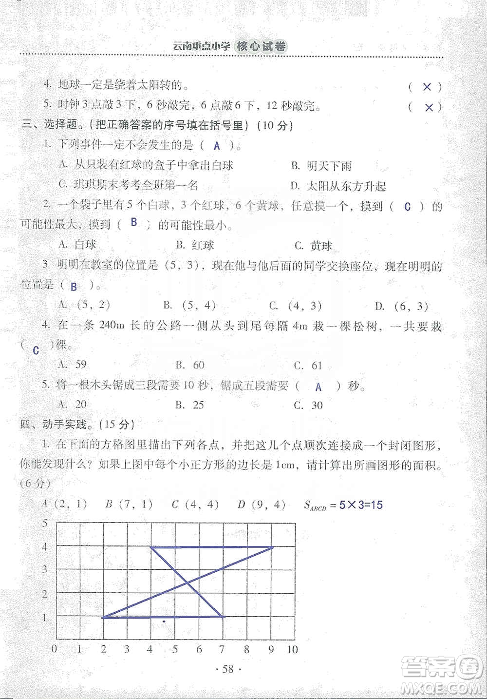 2019云南重點(diǎn)小學(xué)核心試卷五年級上冊數(shù)學(xué)人教版答案