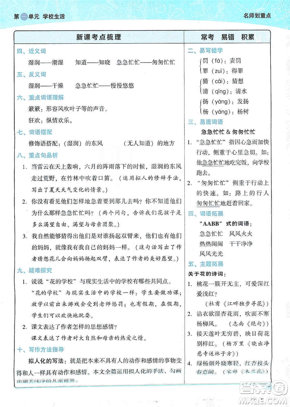 2019典中點名師劃重點三年級語文上冊人教版答案