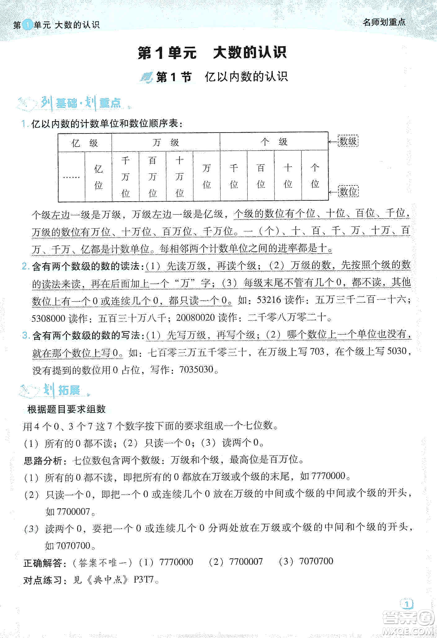 2019典中點名師劃重點四年級數(shù)學上冊人教版答案