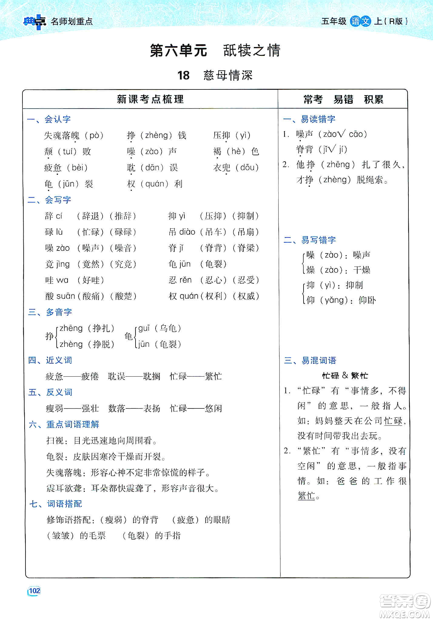 2019典中點名師劃重點五年級語文上冊人教版答案