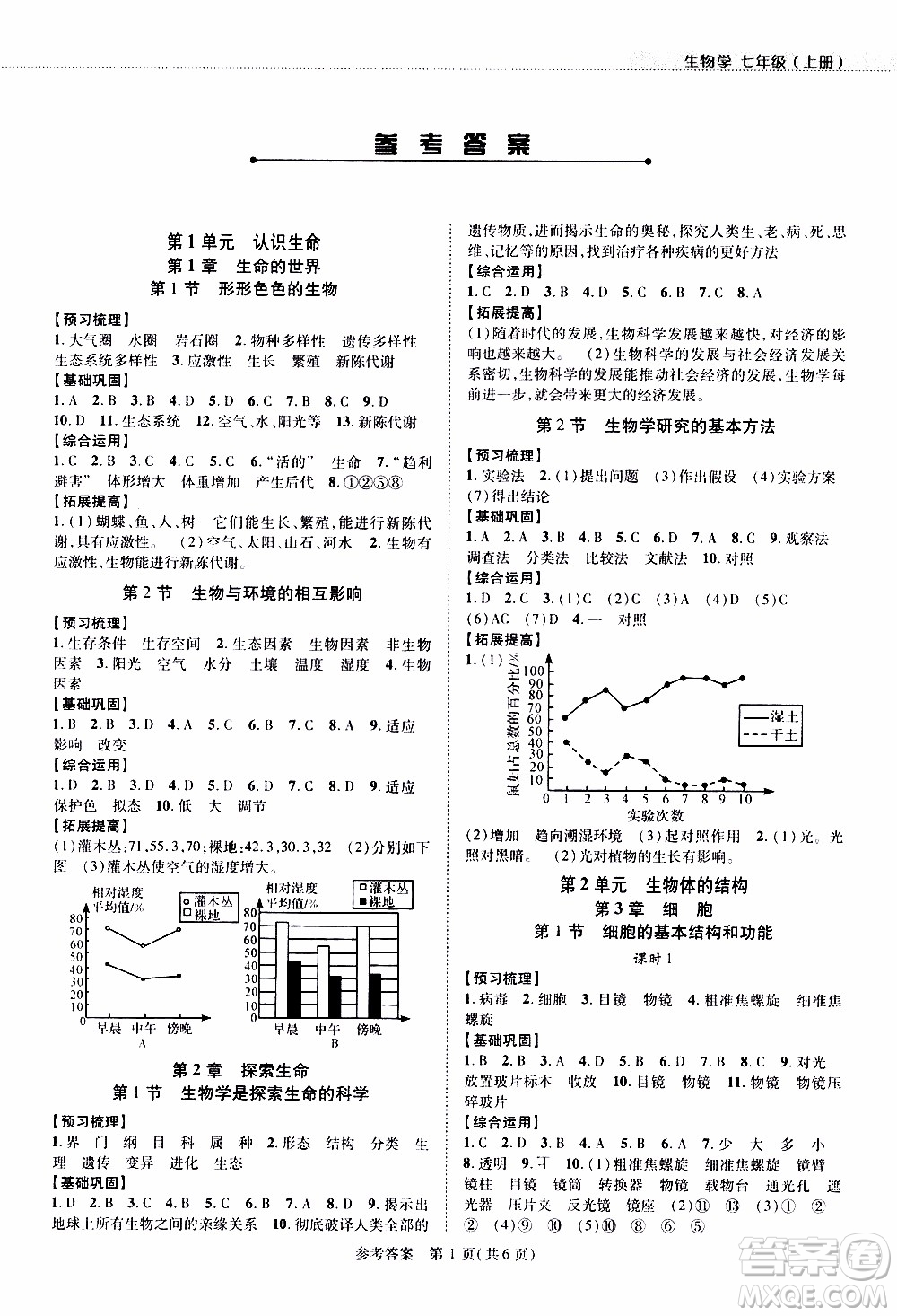 2019年新課程同步學(xué)案生物學(xué)七年級上冊北師大版參考答案