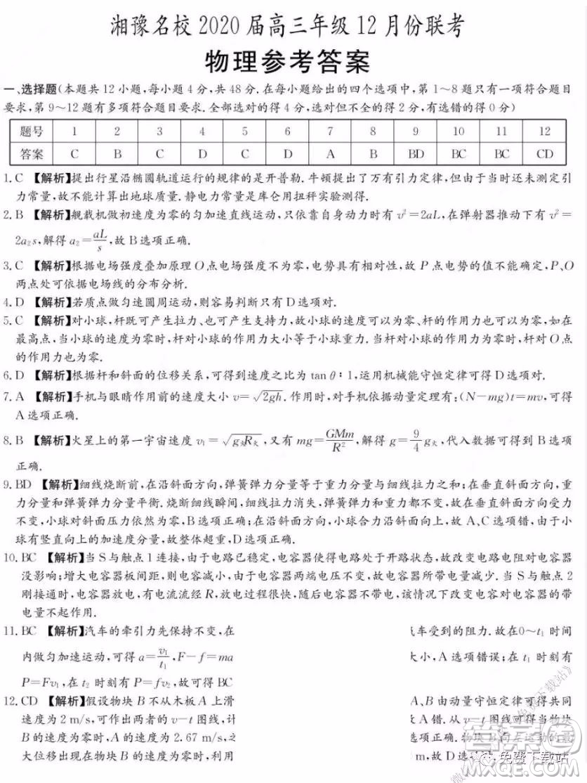 湘豫名校2020屆高三年級12月聯(lián)考物理答案