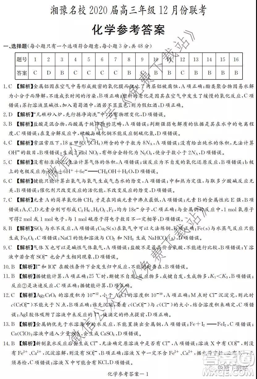 湘豫名校2020屆高三年級(jí)12月聯(lián)考化學(xué)答案