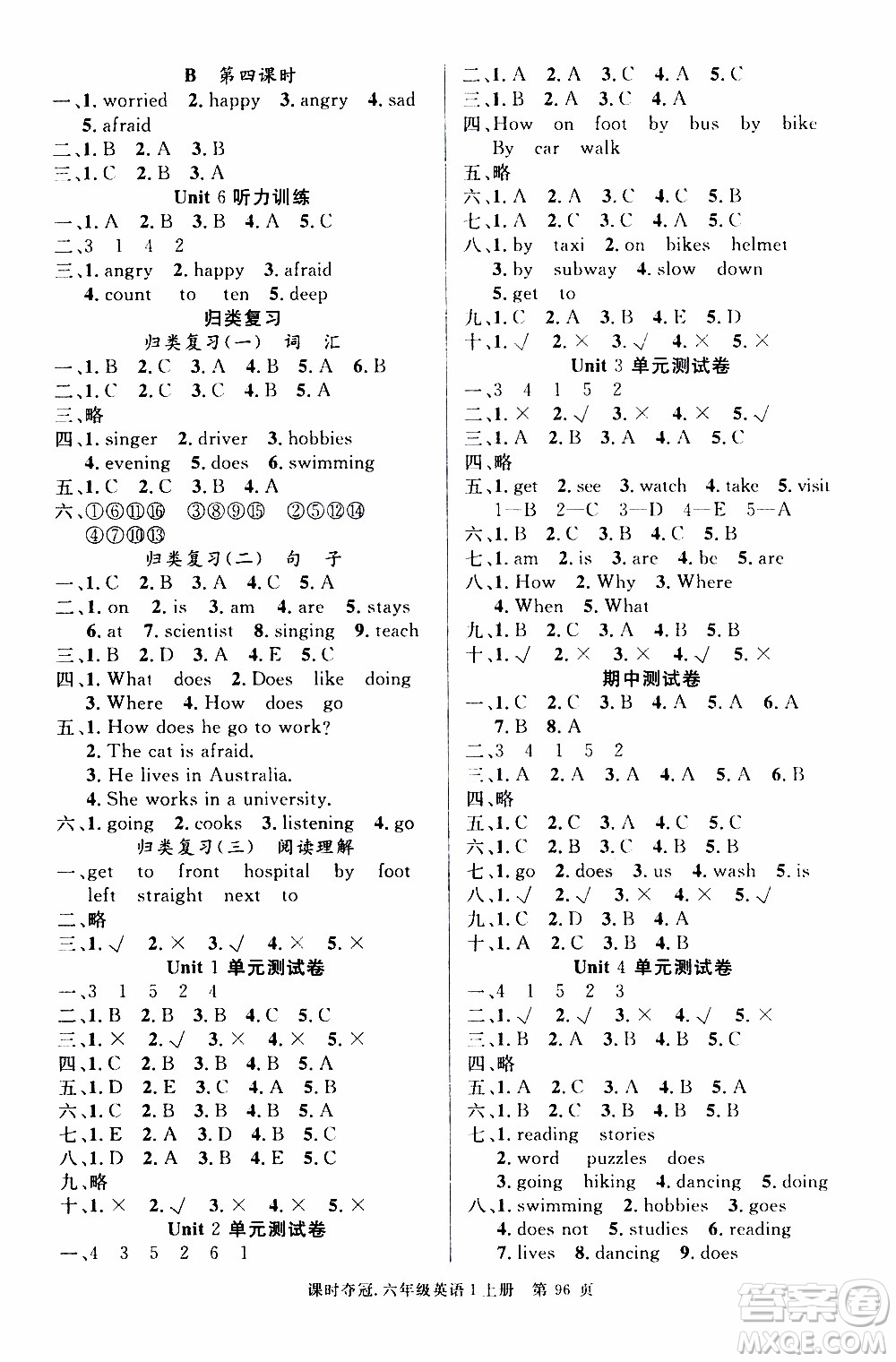 先鋒系列圖書(shū)2019年課時(shí)奪冠六年級(jí)上冊(cè)英語(yǔ)PEP人教版參考答案