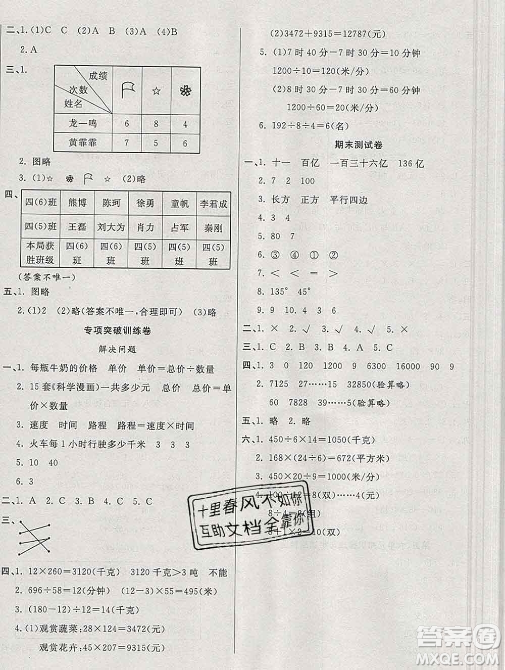 云南教育出版社2019秋新版名校提分一卷通四年級(jí)數(shù)學(xué)上冊(cè)人教版答案