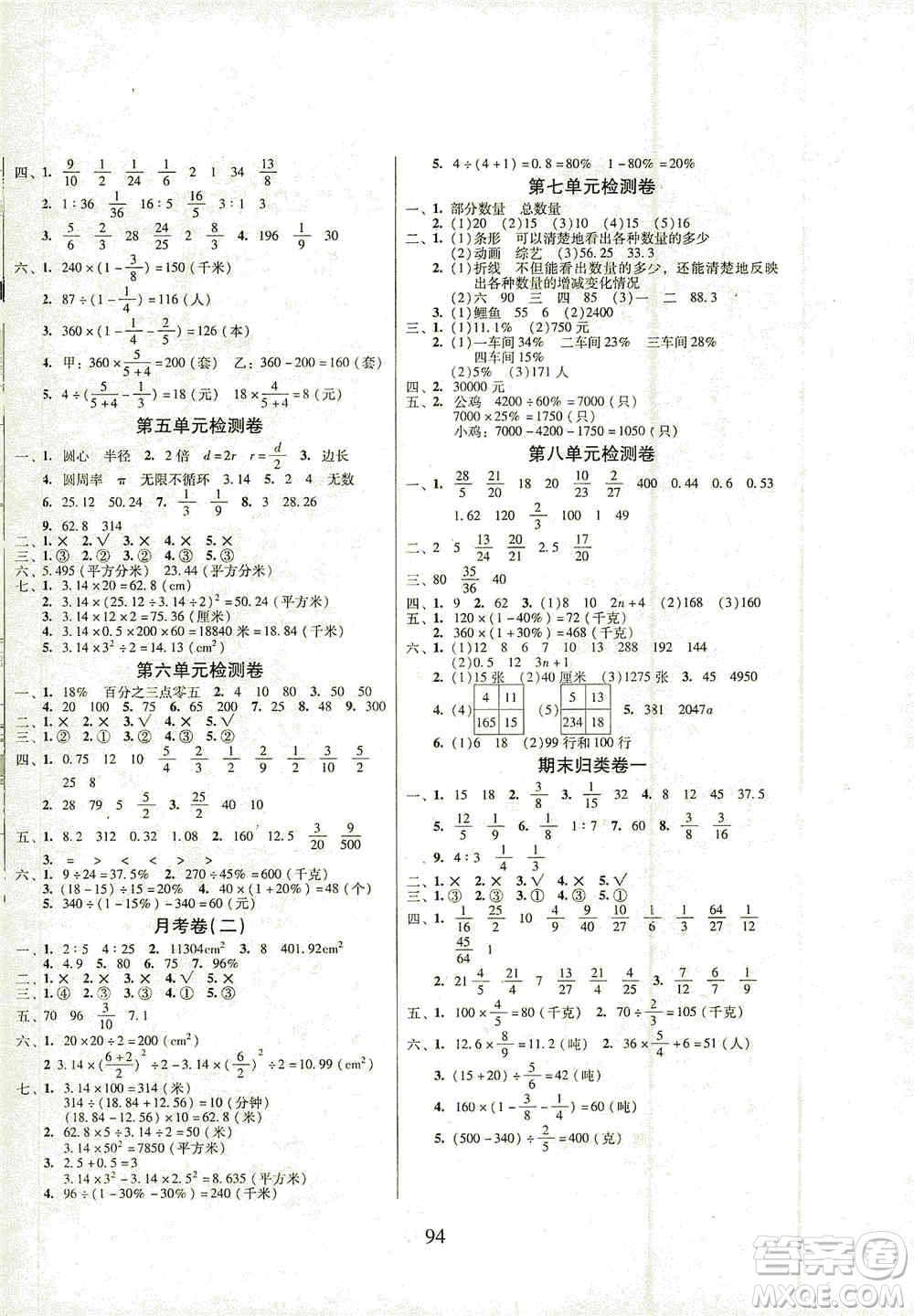 黑龍江美術(shù)出版社2019一線名師奪冠王檢測卷六年級數(shù)學上冊答案