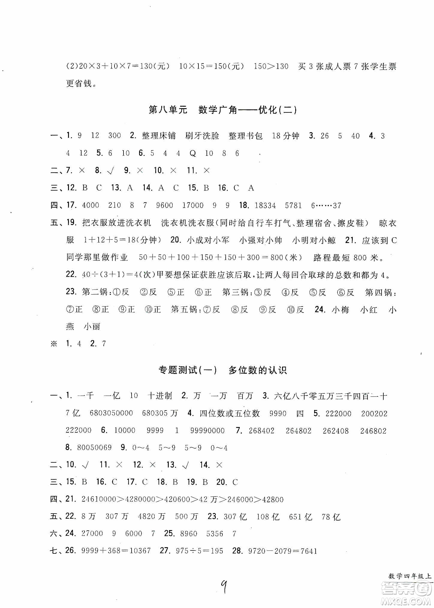 浙江工商大學(xué)出版社2019一卷一練單元同步測(cè)試卷四年級(jí)上冊(cè)數(shù)學(xué)人教版答案