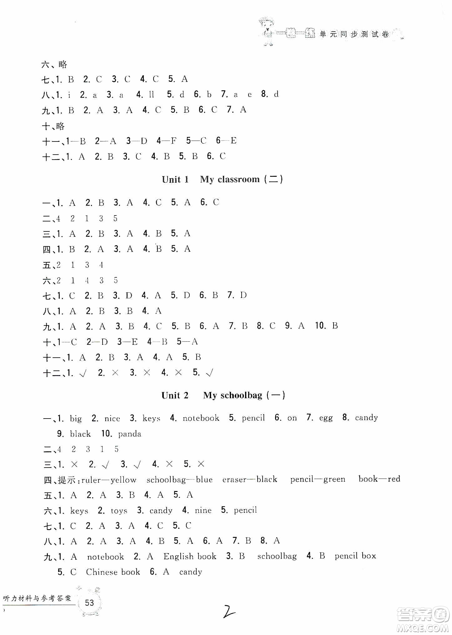 浙江工商大學(xué)出版社2019一卷一練單元同步測試卷四年級英語上冊人教PEP版答案