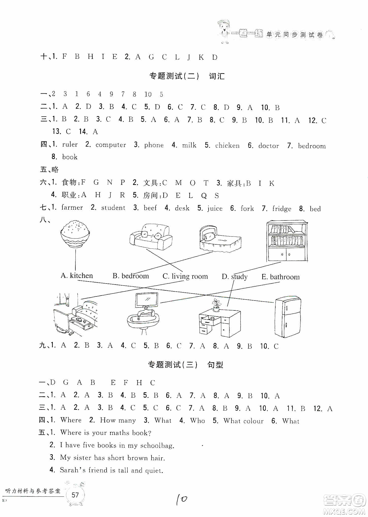 浙江工商大學(xué)出版社2019一卷一練單元同步測試卷四年級英語上冊人教PEP版答案