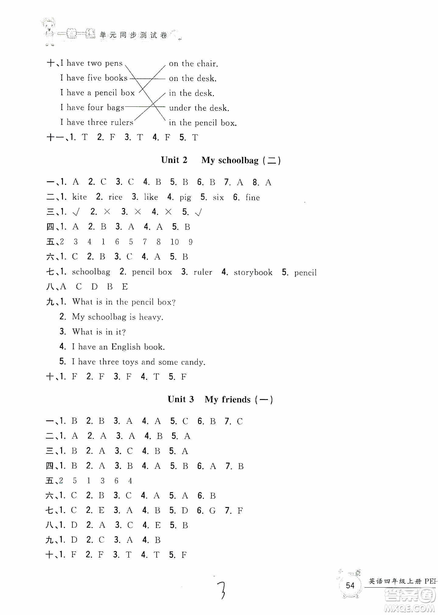 浙江工商大學(xué)出版社2019一卷一練單元同步測試卷四年級英語上冊人教PEP版答案