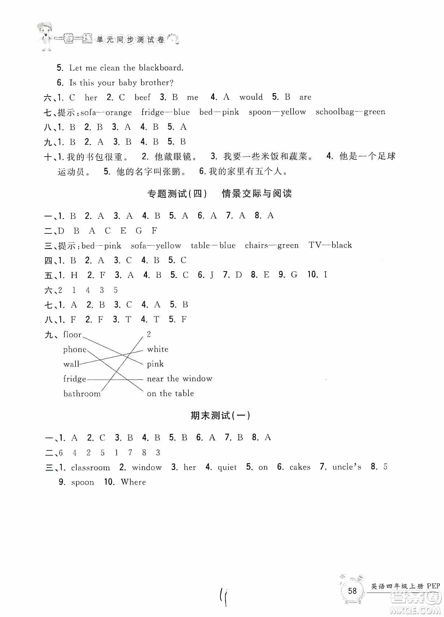 浙江工商大學(xué)出版社2019一卷一練單元同步測試卷四年級英語上冊人教PEP版答案