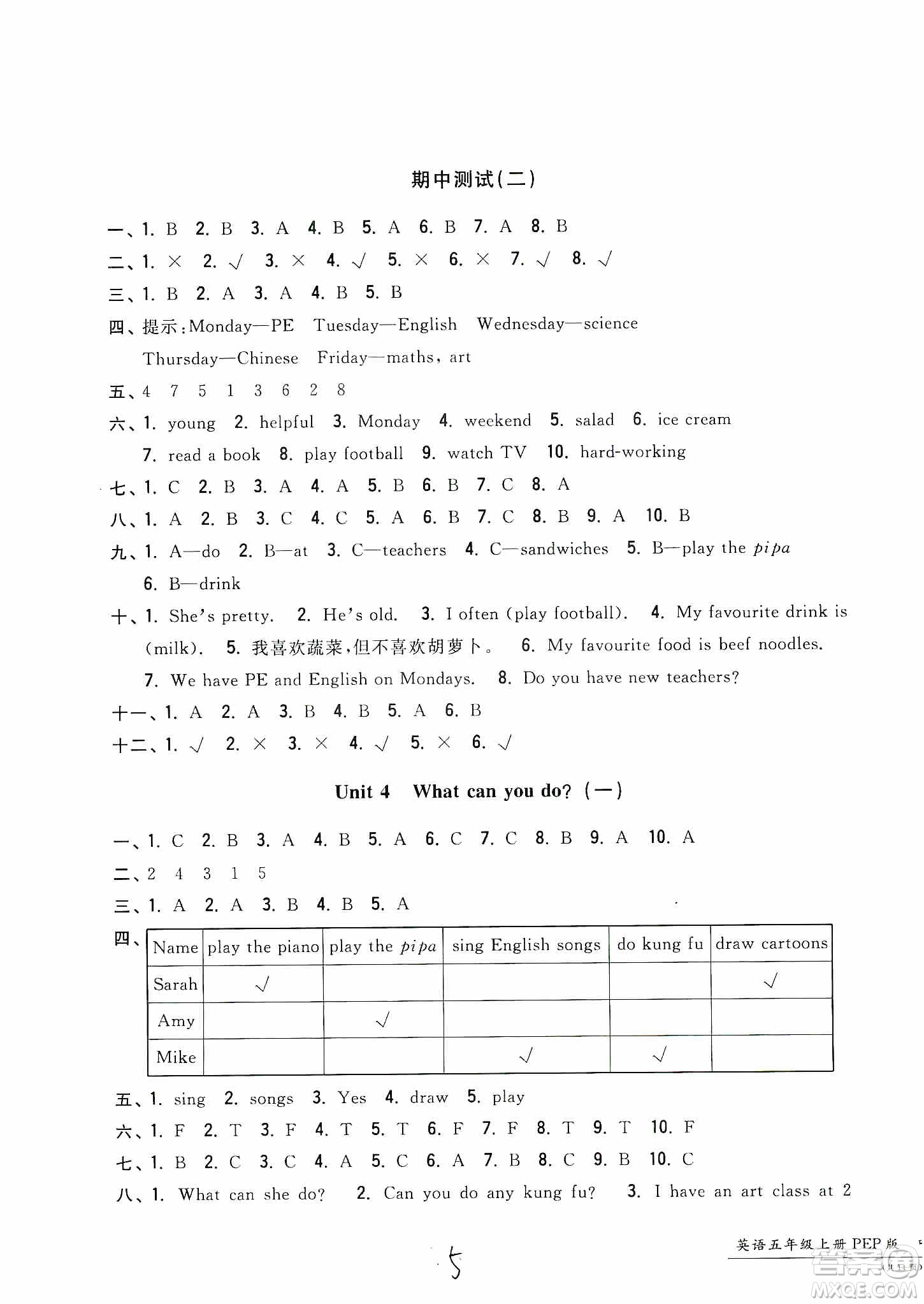 浙江工商大學(xué)出版社2019一卷一練單元同步測(cè)試卷五年級(jí)英語(yǔ)上冊(cè)人教PEP版答案