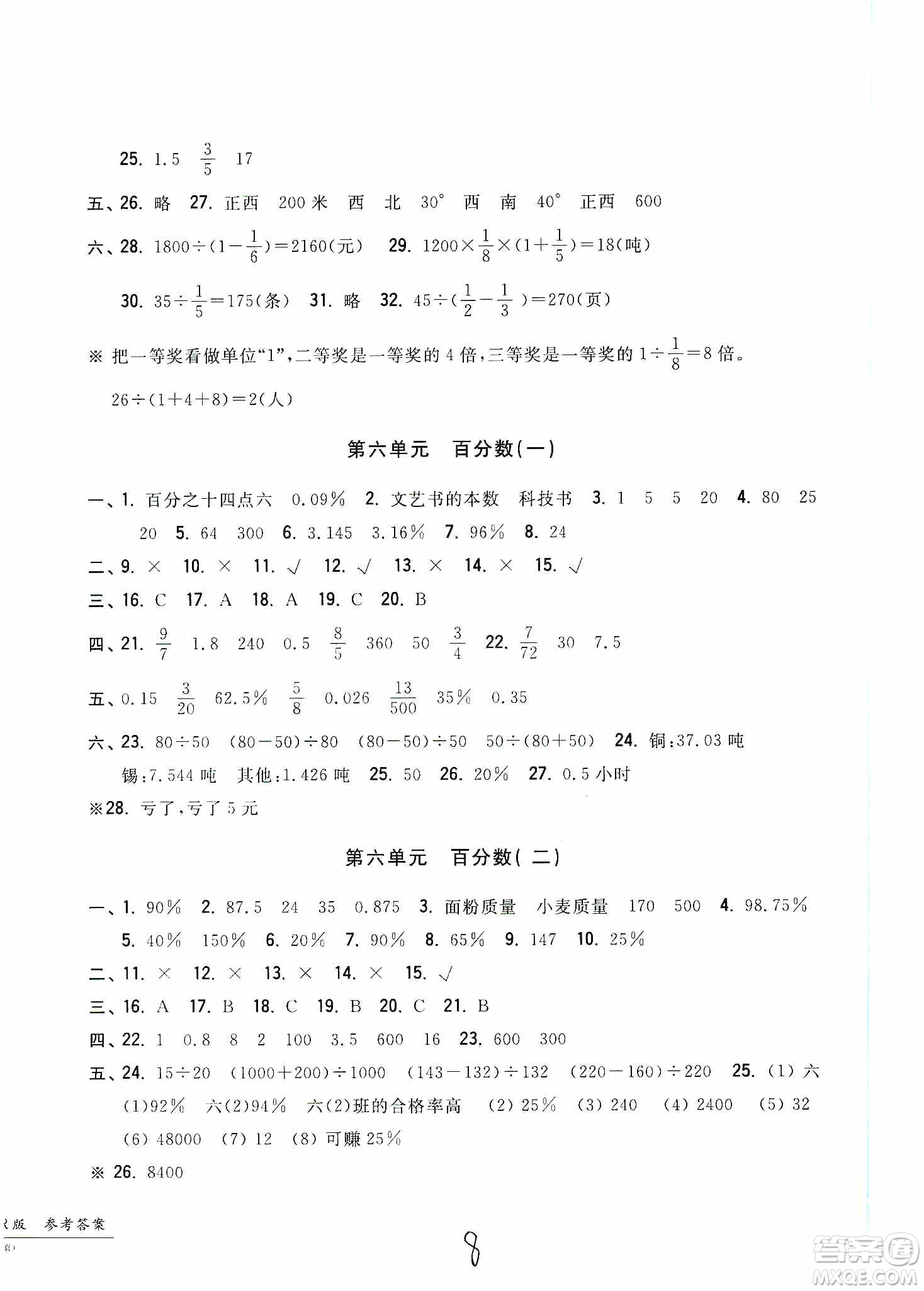 浙江工商大學(xué)出版社2019一卷一練單元同步測(cè)試卷六年級(jí)數(shù)學(xué)上冊(cè)人教版答案