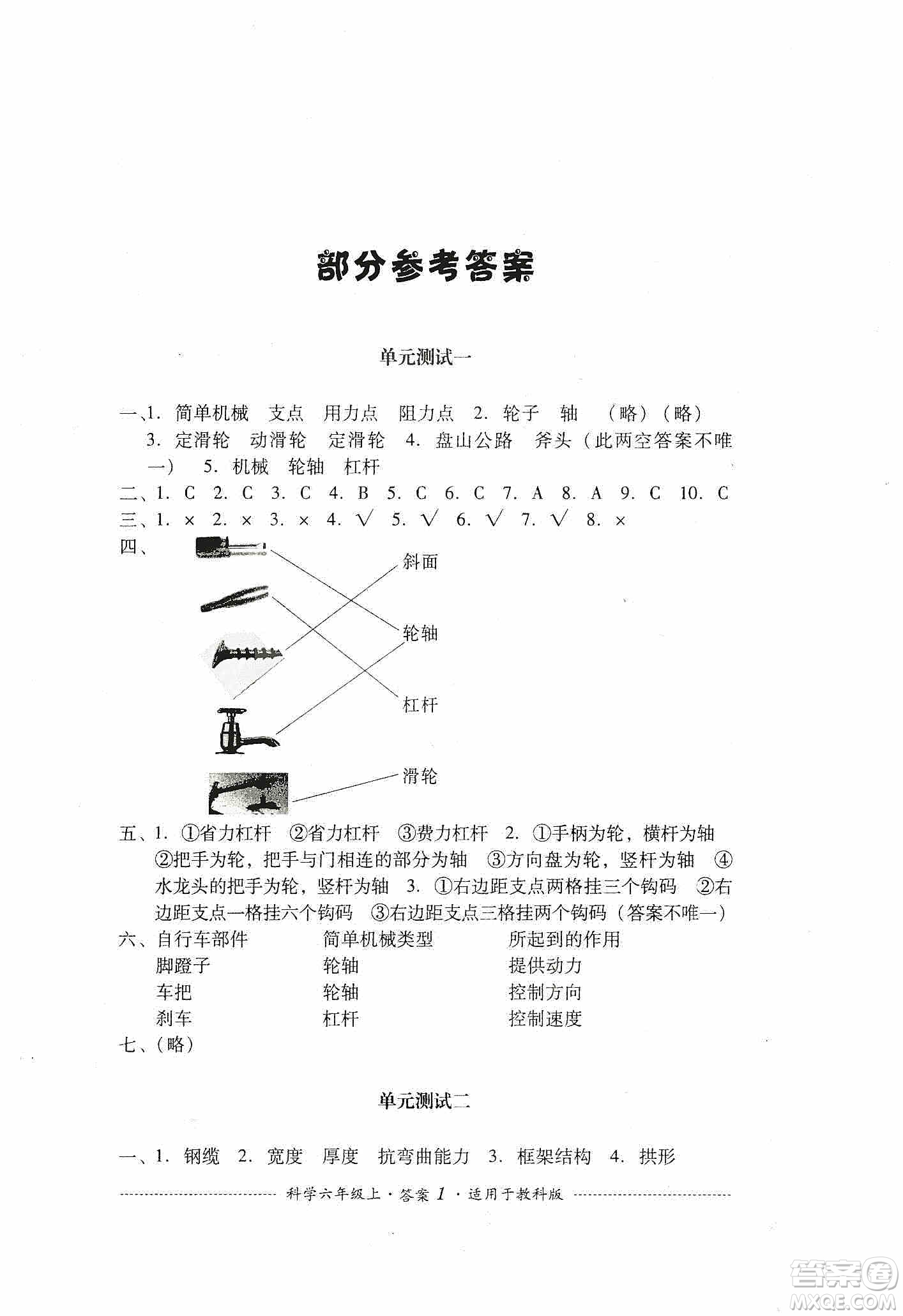 四川教育出版社2019課程標(biāo)準(zhǔn)小學(xué)單元測試科學(xué)六年級上冊教科版答案