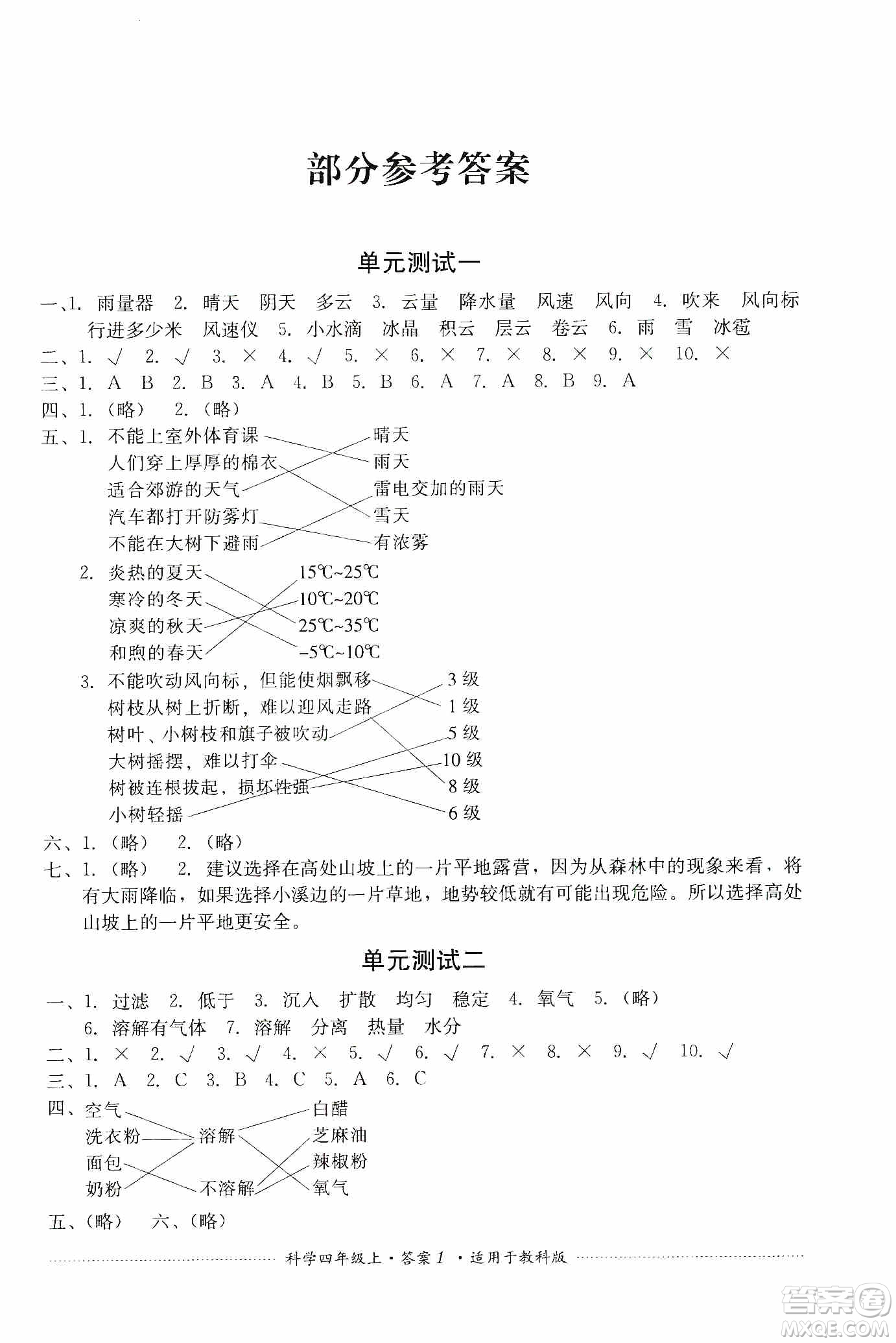 四川教育出版社2019課程標(biāo)準(zhǔn)小學(xué)單元測試四年級(jí)科學(xué)上冊(cè)教科版答案