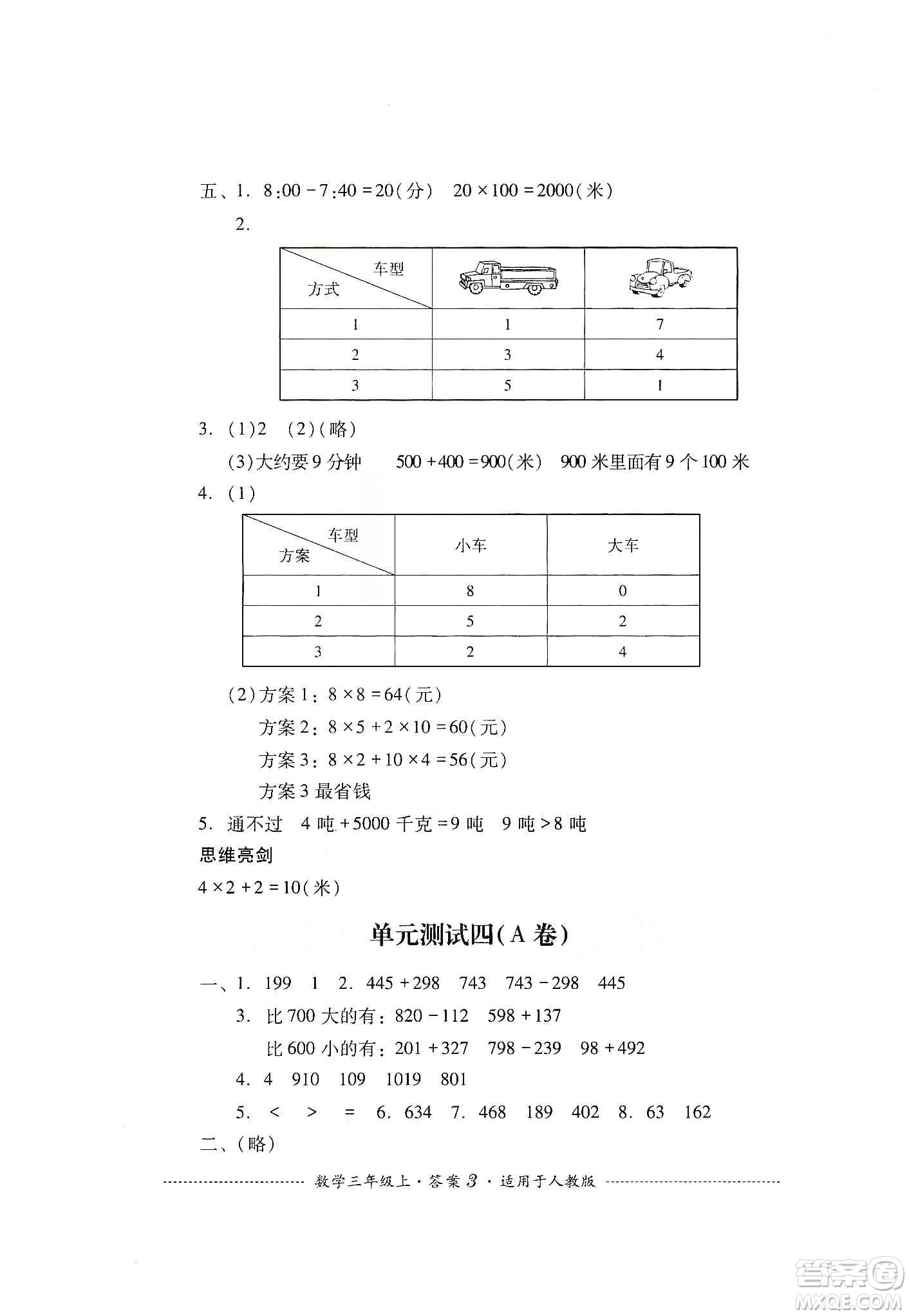 四川教育出版社2019課程標(biāo)準(zhǔn)小學(xué)單元測試三年級(jí)數(shù)學(xué)上冊人教版答案